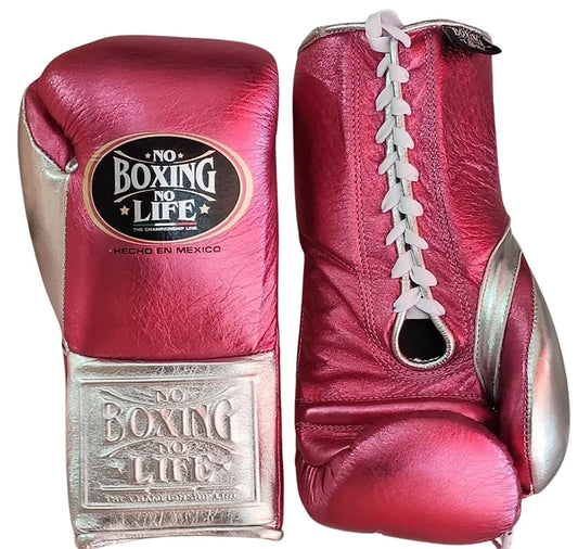 No Boxing No Life 10oz Pink/Silver Boxing Gloves - Horse Hair Foam Padding Front and Back View