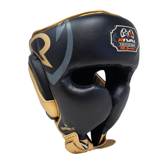 Rival RHG100 Professional Headgear - Boxing Gear Black and Gold Front View