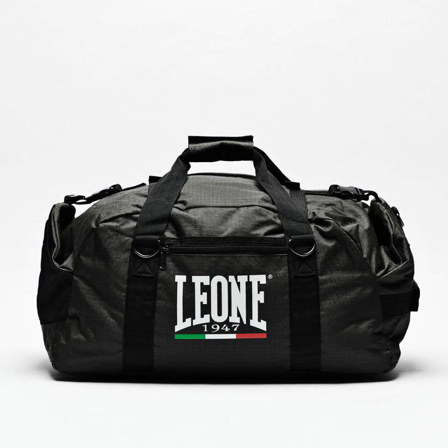 Leone Sport Backpack Bag with Retractable Straps Front ViewLeone Black Edition Backpack Bag - Boxing gym bag with sturdy shoulder straps Front View