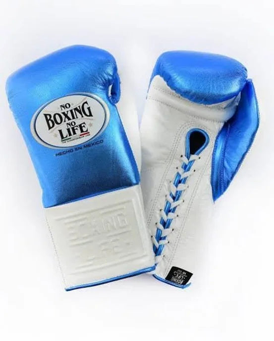 No Boxing No Life 10 oz Fight Gloves - Metallic Blue/Pearl White
